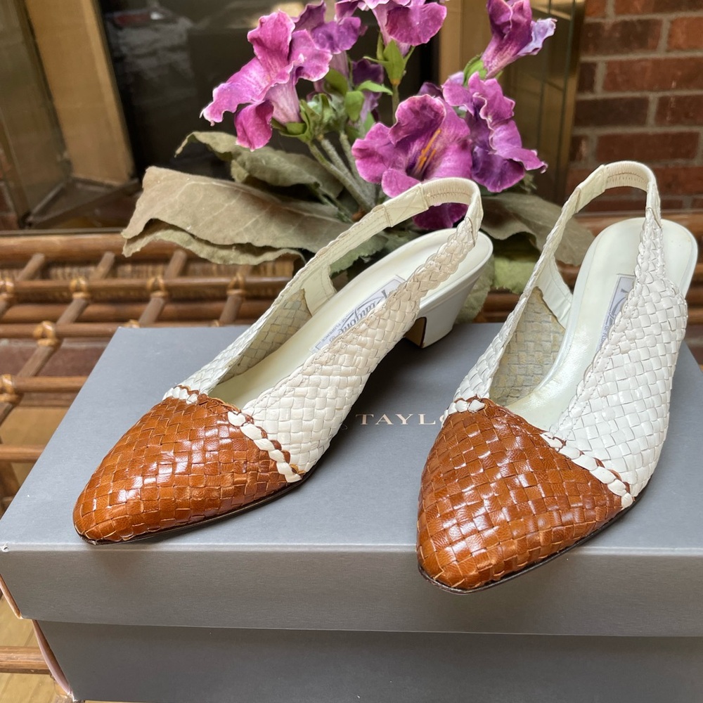 Rangoni White and Tan Slingback Heels with Woven Design
